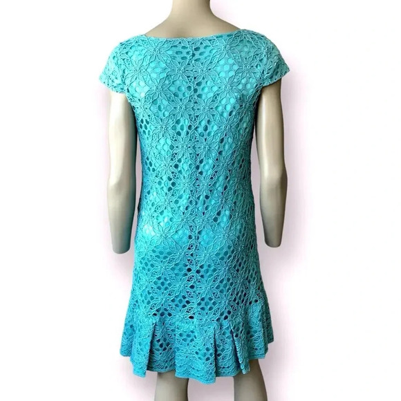 JAX Cap Sleeves Eyelet Crocheted Lace Shift Dress Pleated Hem Size 12 Teal Retro - Picture 2 of 16